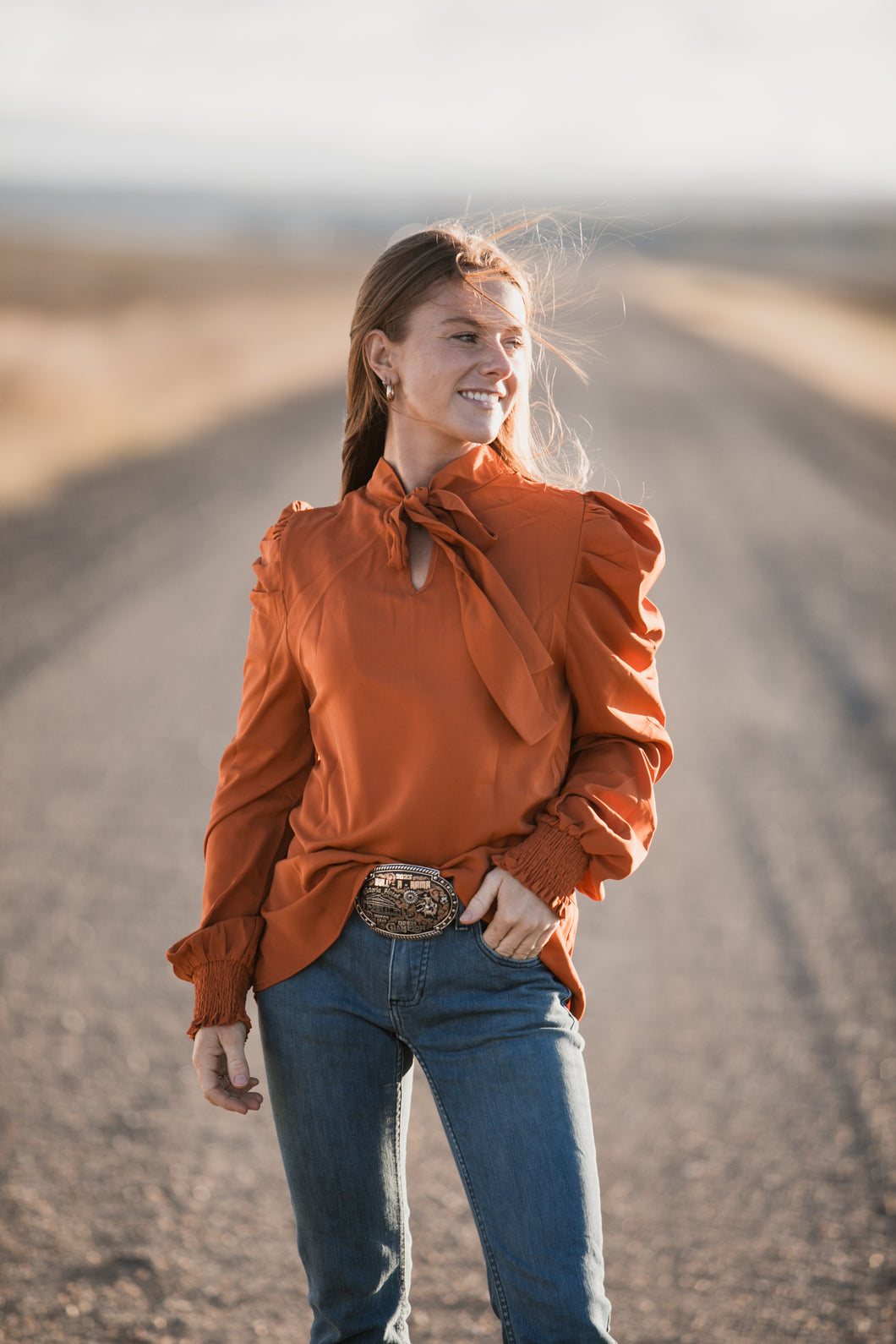 Bow neck blouse orange/rust