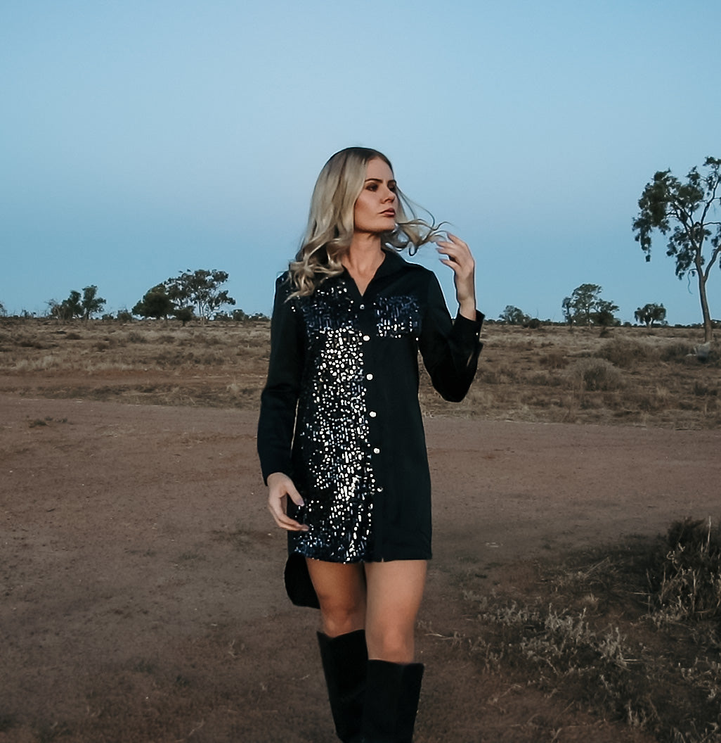 Black sequin shirt dress – Outwest Collective